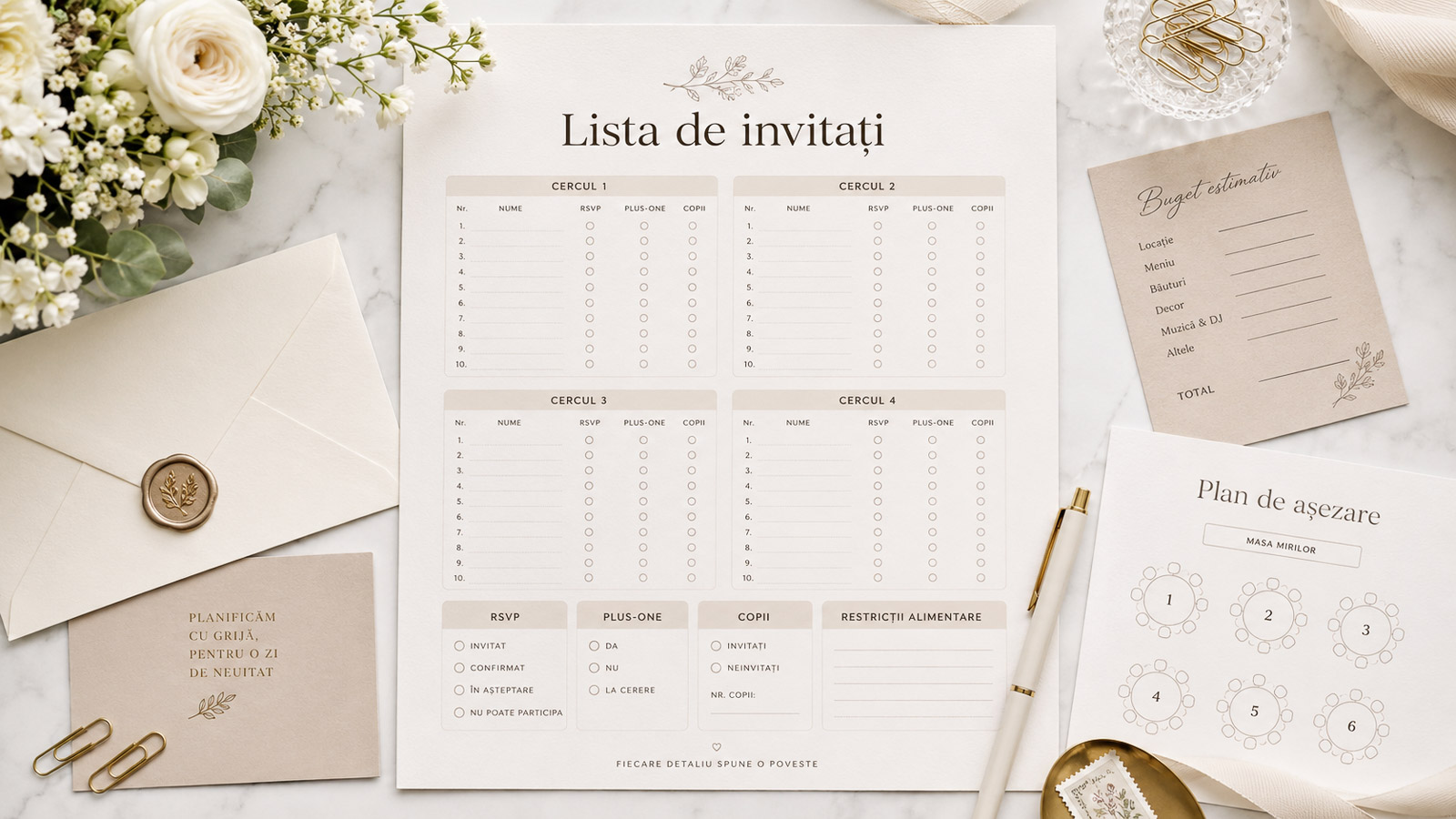 Lista de invitați la nuntă alături de trandafiri și un plic, pe masa de organizare
